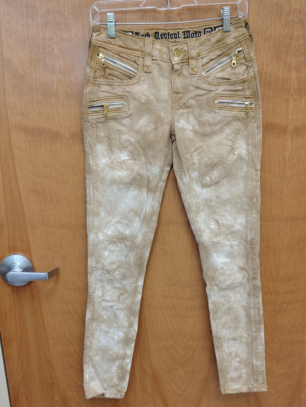 Rock Revival Moto Jeans Cladelle Tan Tie Dye with Gold Hardware